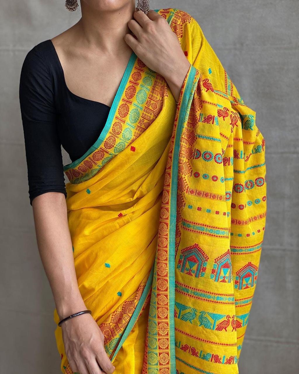 Sunlight & Stitches: Handwoven Yellow Jamdani Saree
