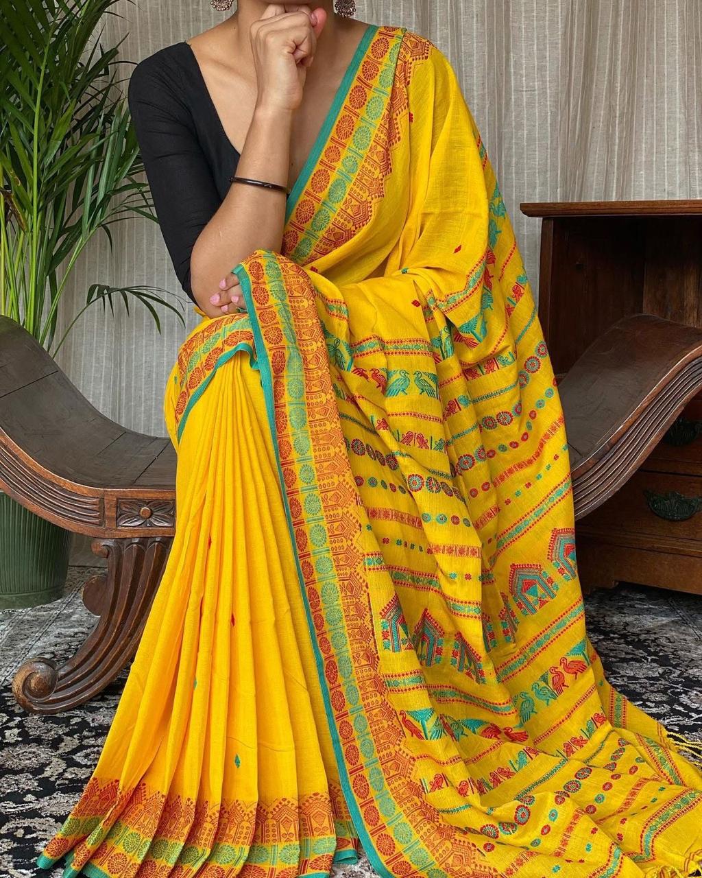 Sunlight & Stitches: Handwoven Yellow Jamdani Saree
