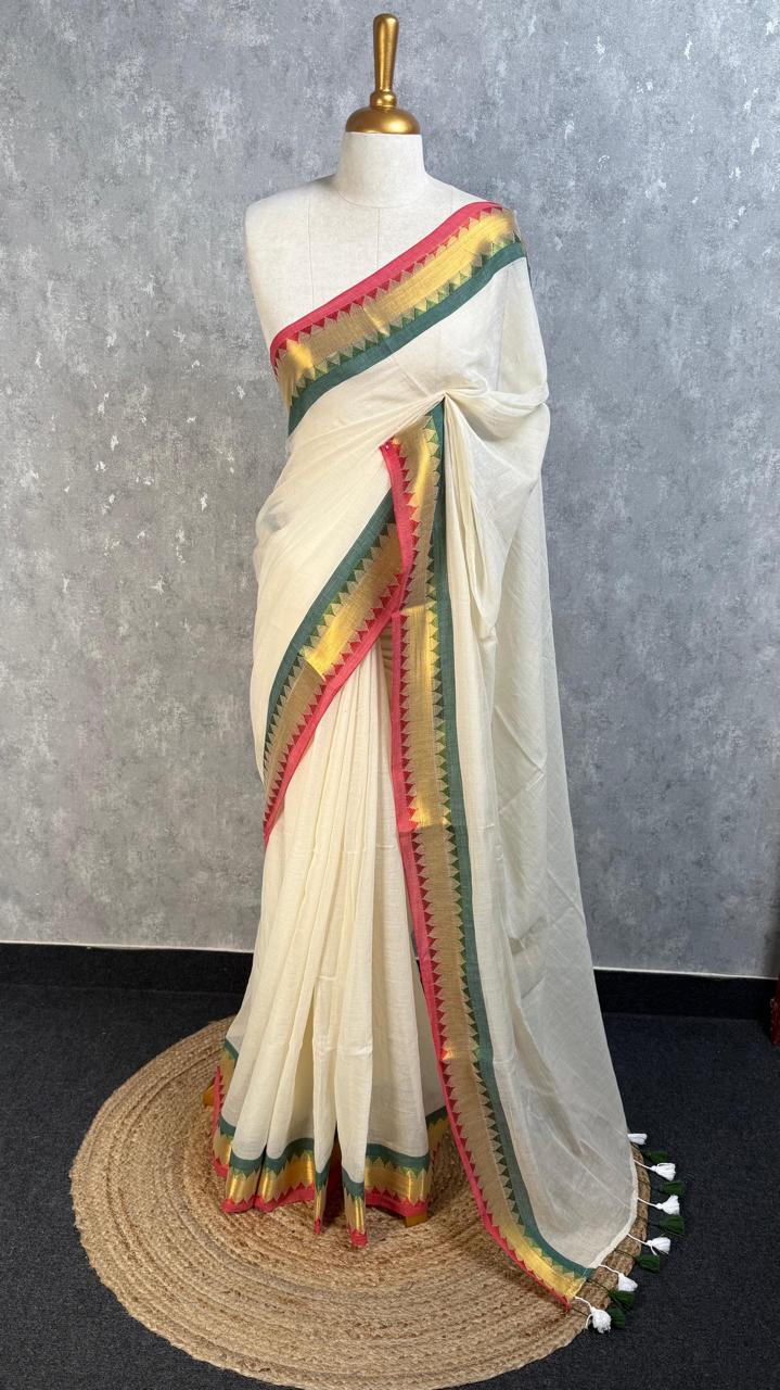 Off-White Kerala Kasavu Style Cotton Saree with Temple Border & Tassels