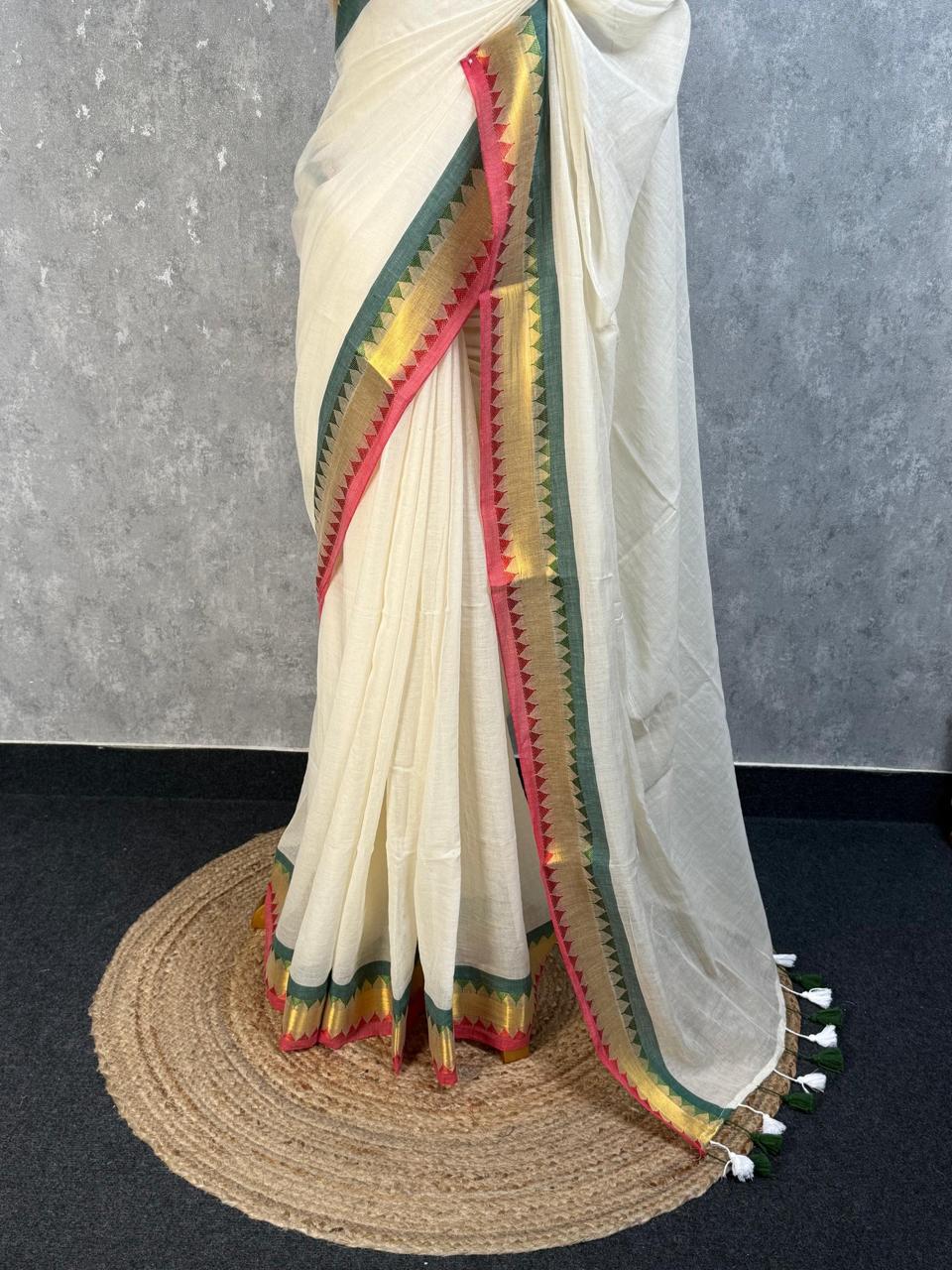 Off-White Kerala Kasavu Style Cotton Saree with Temple Border & Tassels