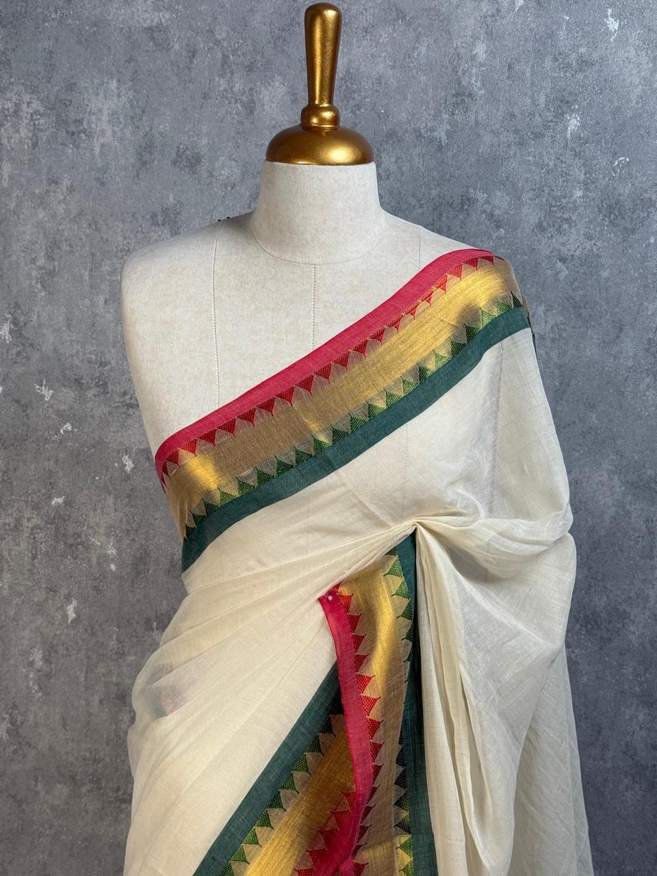 Off-White Kerala Kasavu Style Cotton Saree with Temple Border & Tassels