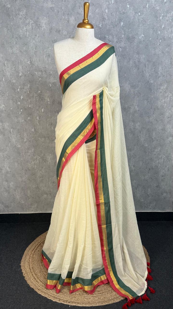 Elegant Off-White Cotton Silk Saree with Tri-Color Border and Tassel Work