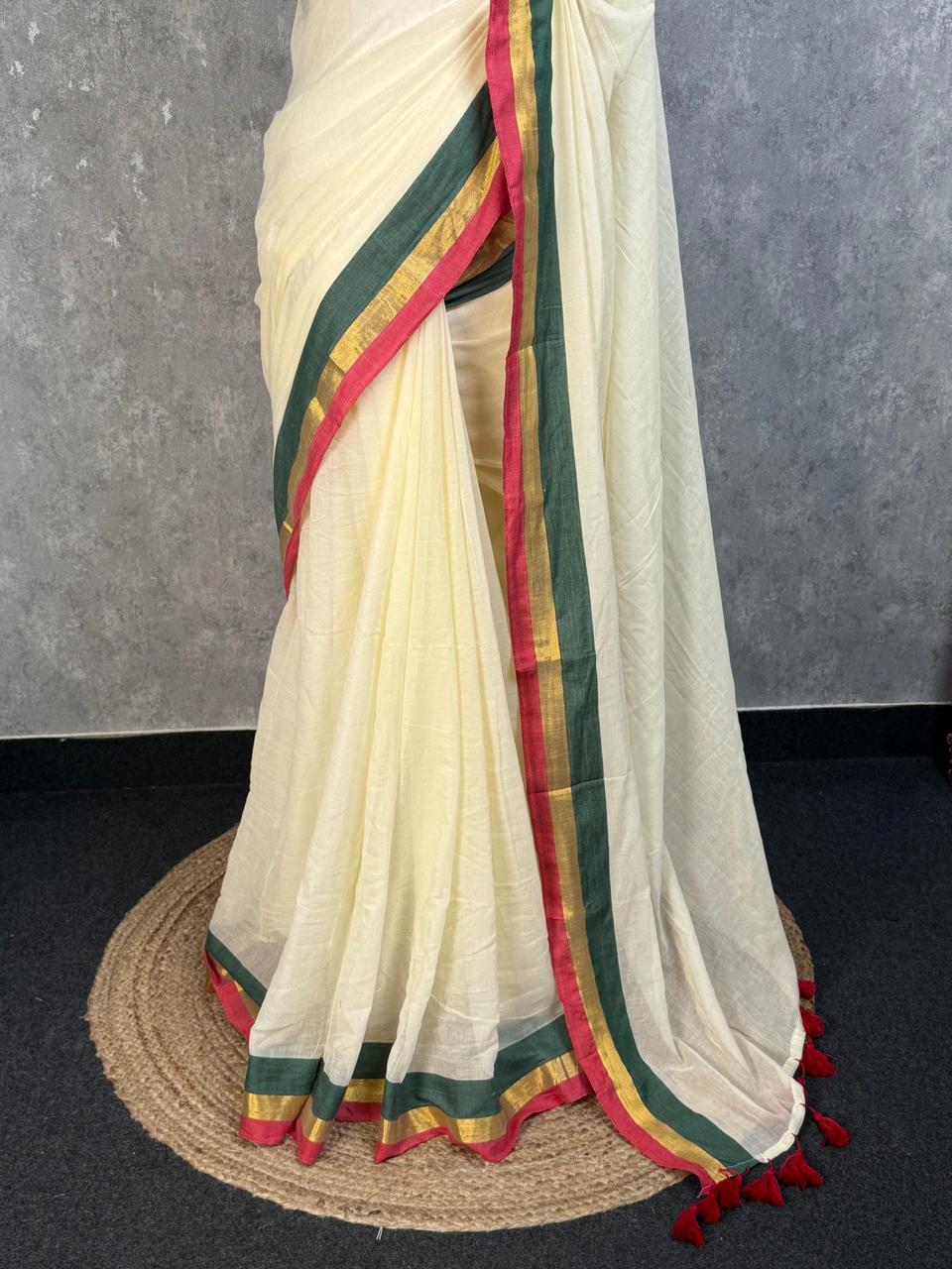 Elegant Off-White Cotton Silk Saree with Tri-Color Border and Tassel Work