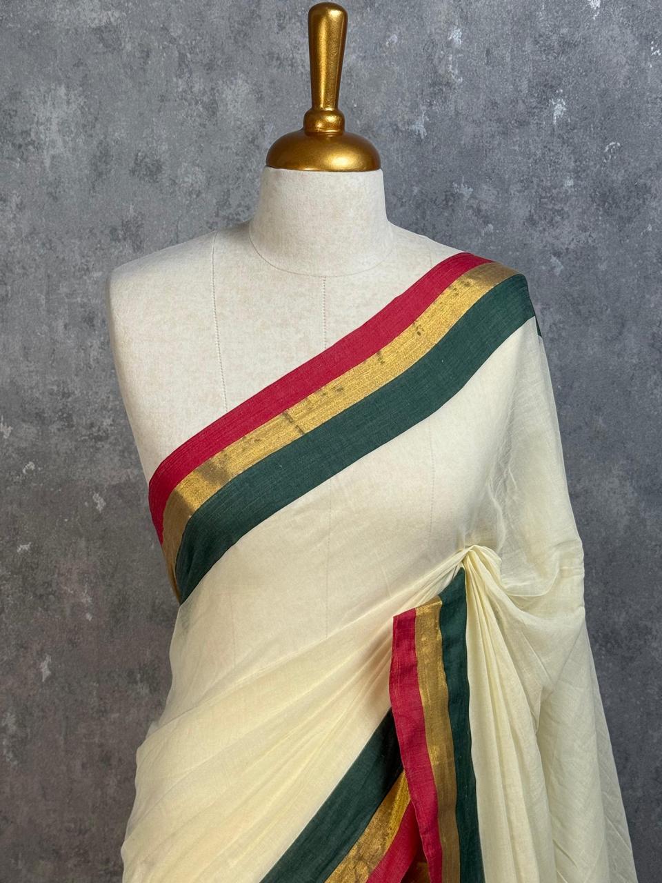 Elegant Off-White Cotton Silk Saree with Tri-Color Border and Tassel Work