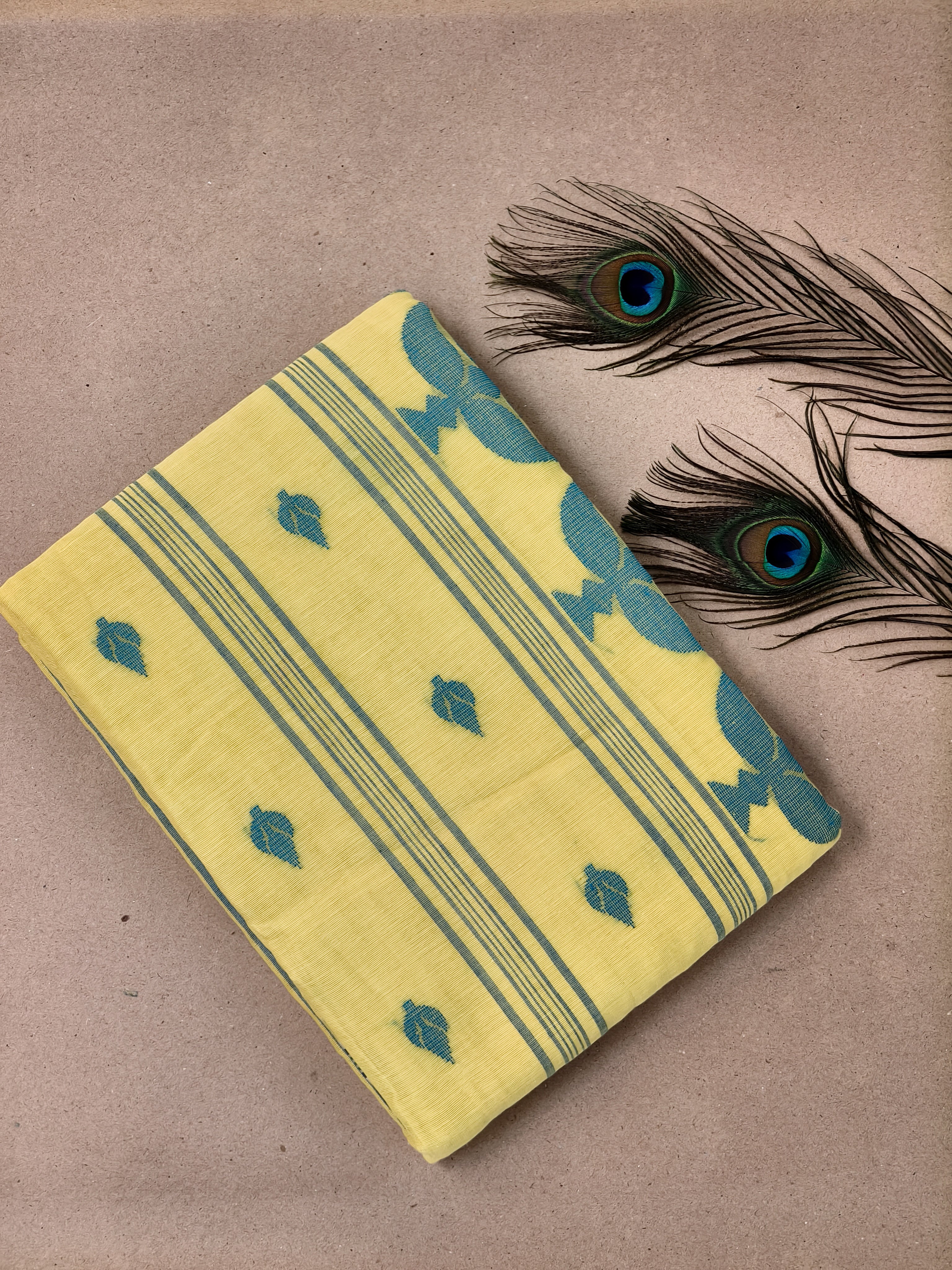 Elegant Yellow Bengal Handloom Pure Cotton Khadi Jamdani Saree with Leaf Motifs