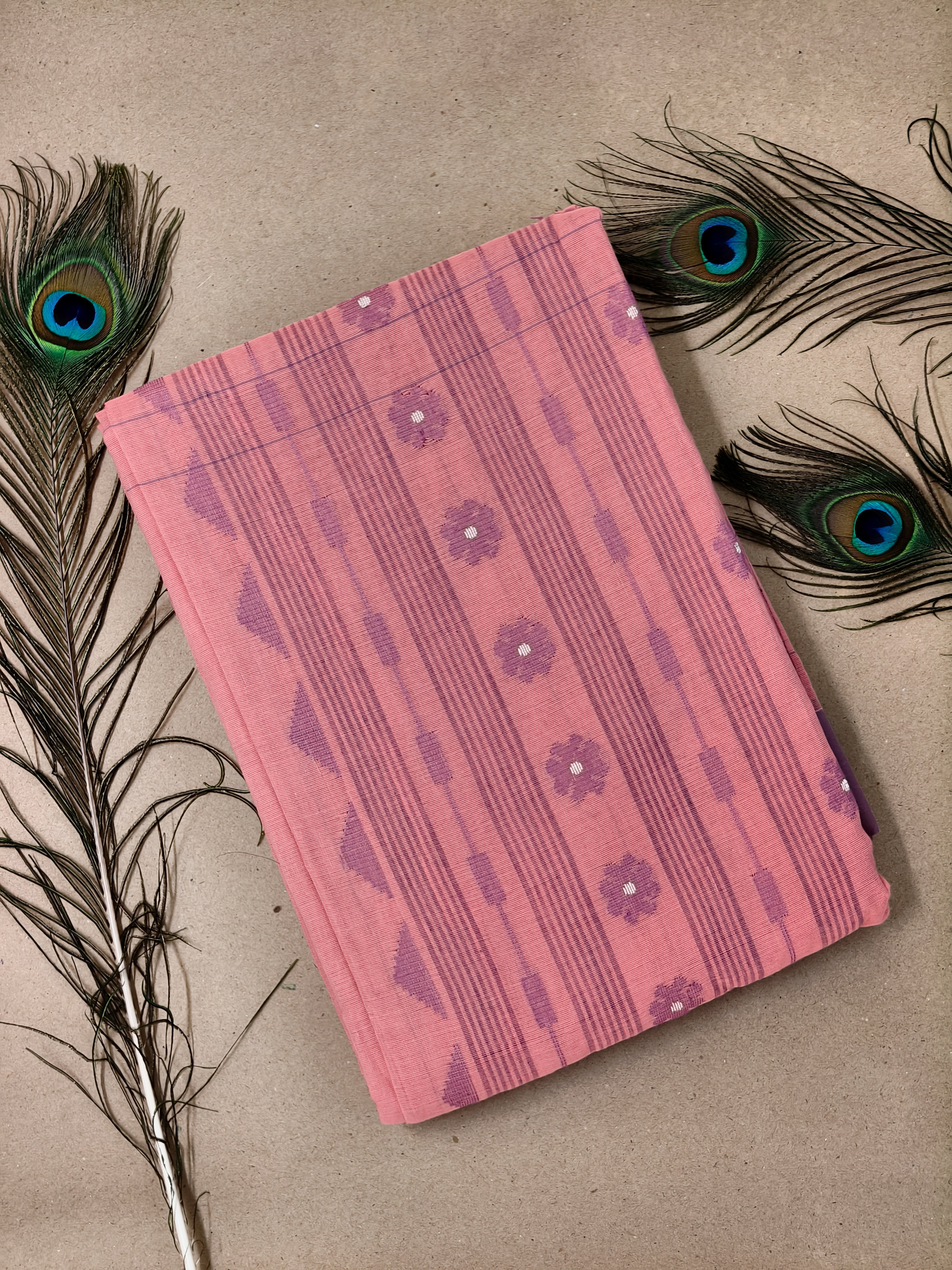 Elegant Peach Bengal Handloom Pure Cotton Khadi Jamdani Saree with Buti Design