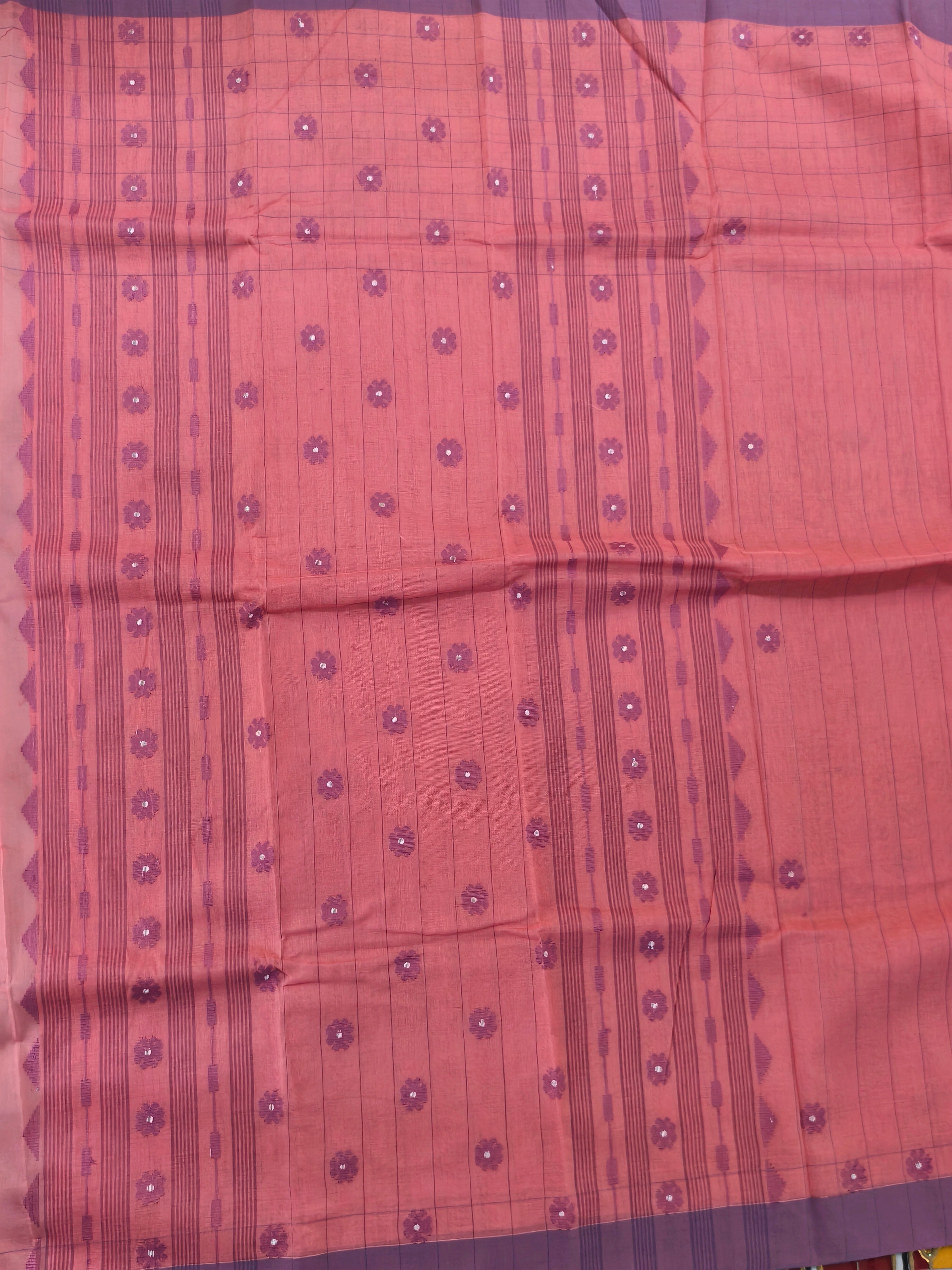 Elegant Peach Bengal Handloom Pure Cotton Khadi Jamdani Saree with Buti Design