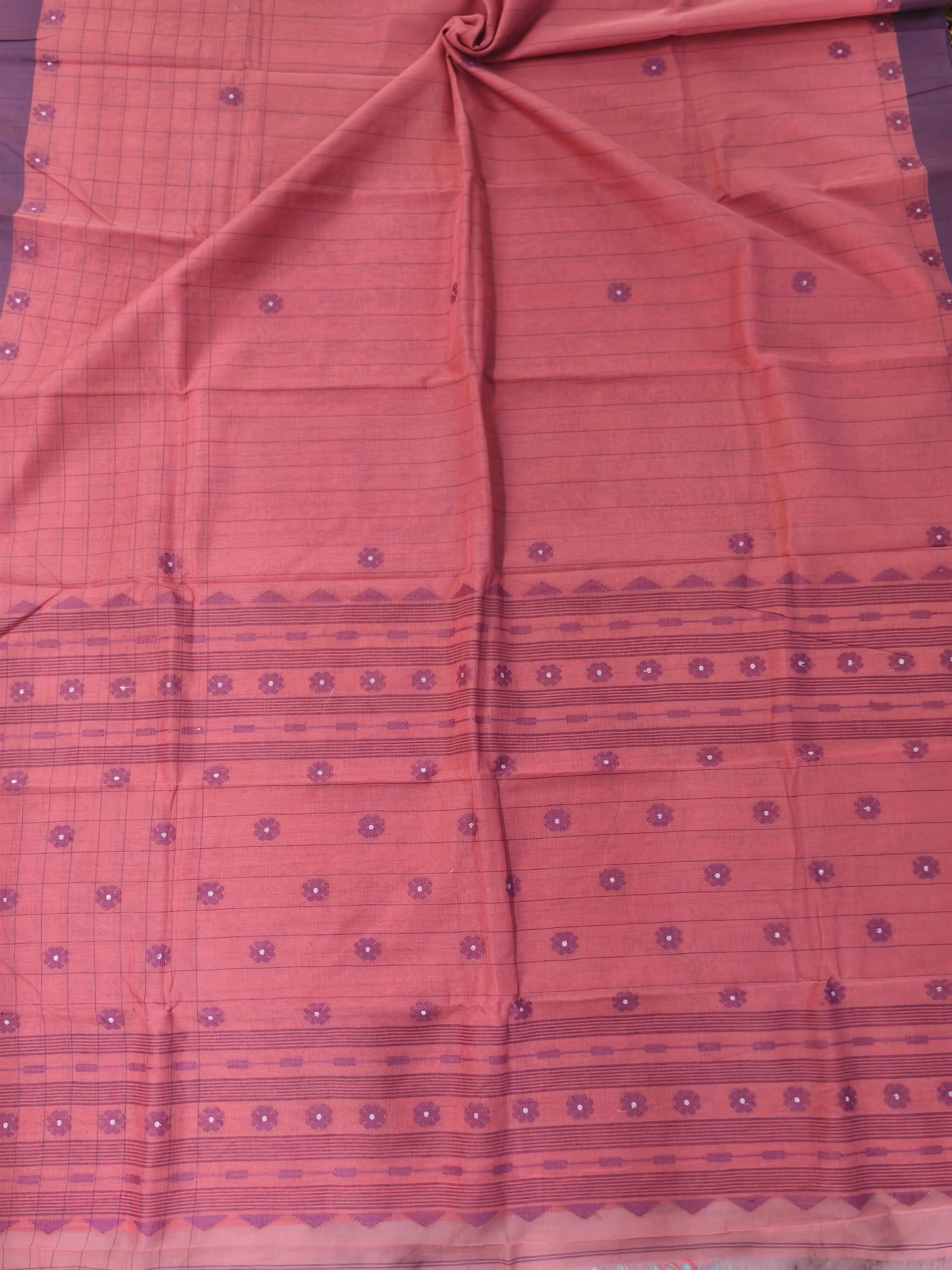 Elegant Peach Bengal Handloom Pure Cotton Khadi Jamdani Saree with Buti Design