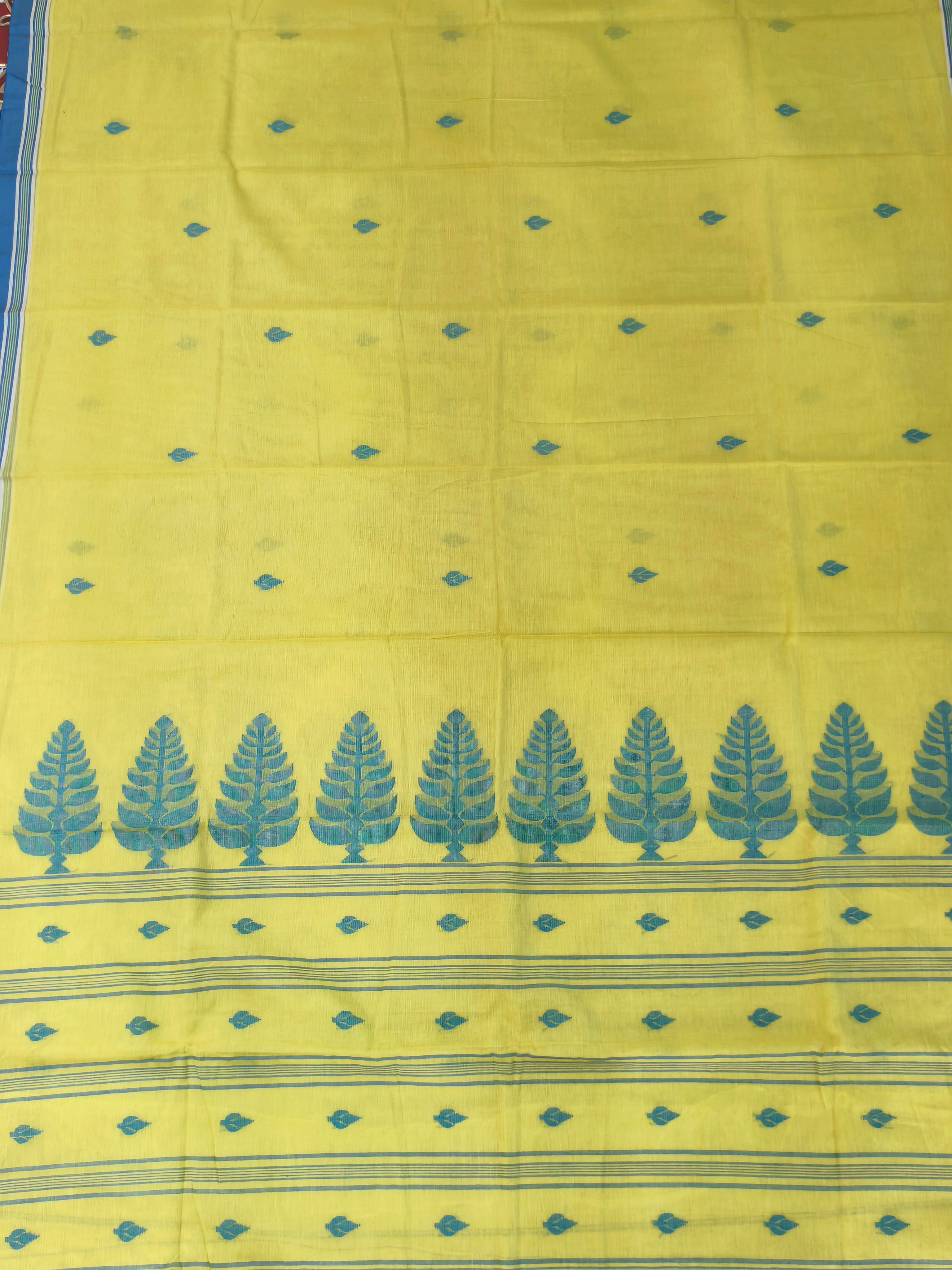 Elegant Yellow Bengal Handloom Pure Cotton Khadi Jamdani Saree with Leaf Motifs
