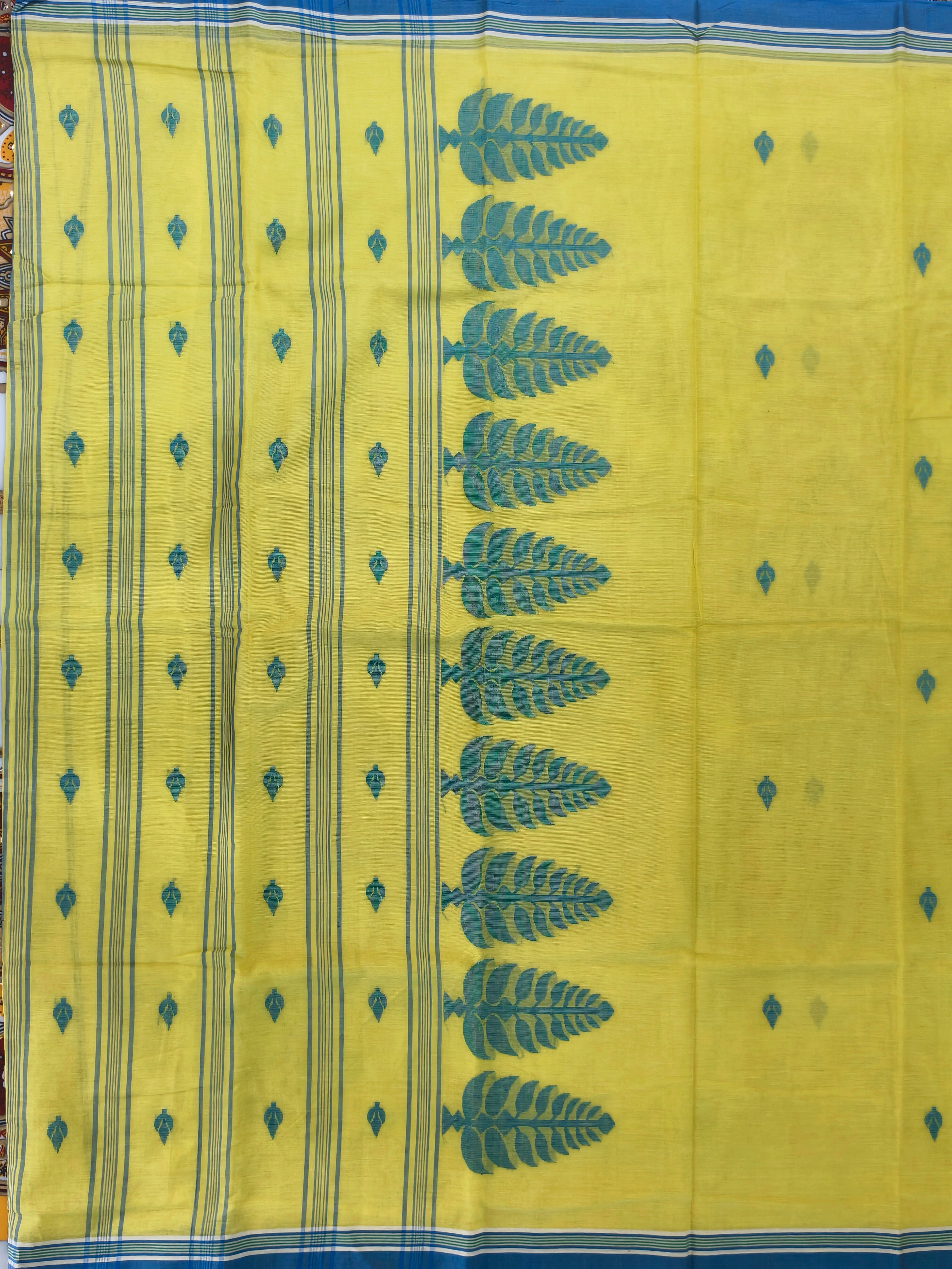 Elegant Yellow Bengal Handloom Pure Cotton Khadi Jamdani Saree with Leaf Motifs