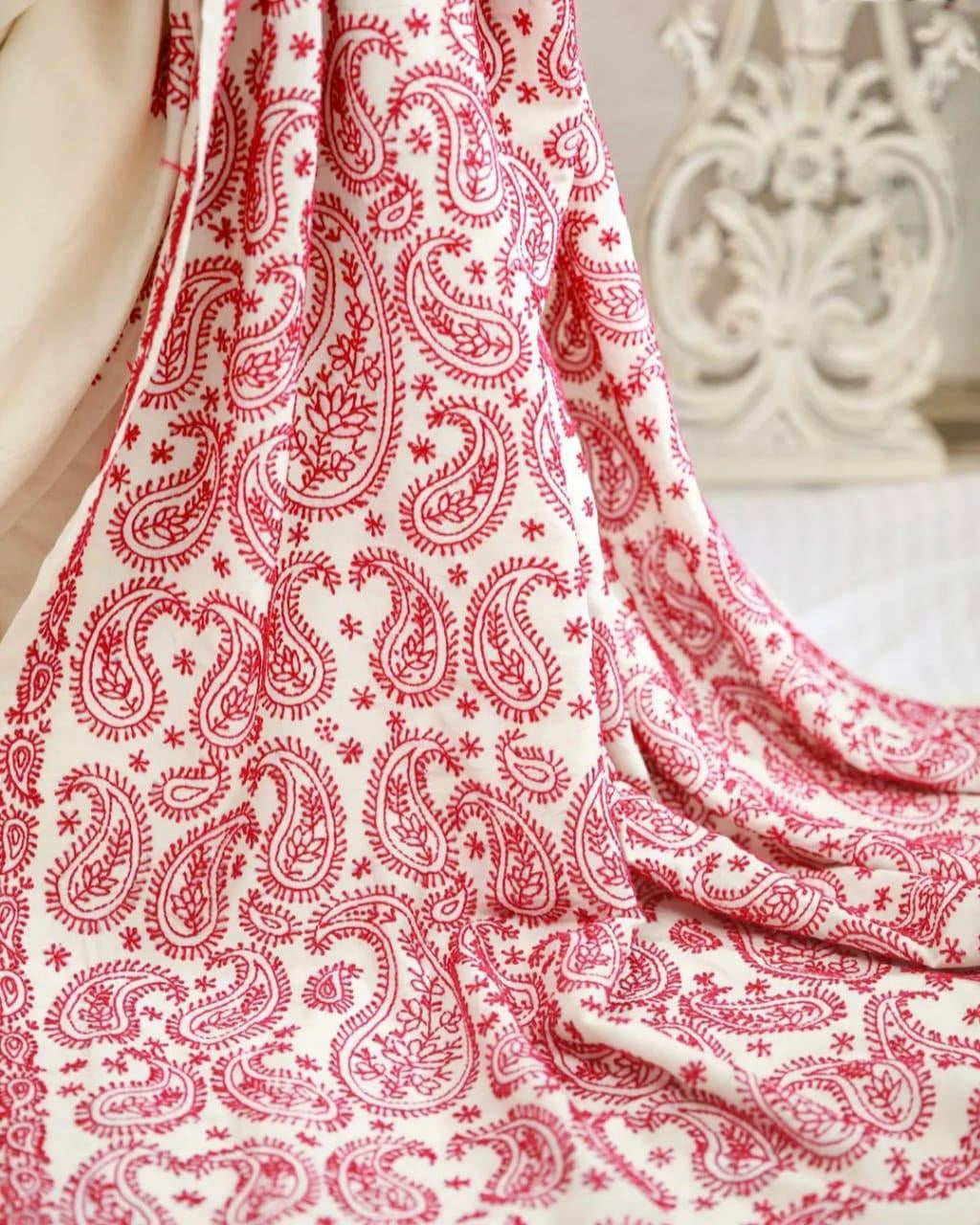 White & Red Mulmul Cotton Saree - Beautiful Paisley (Kalka) Work Embroidery for Casual & Festive Wear