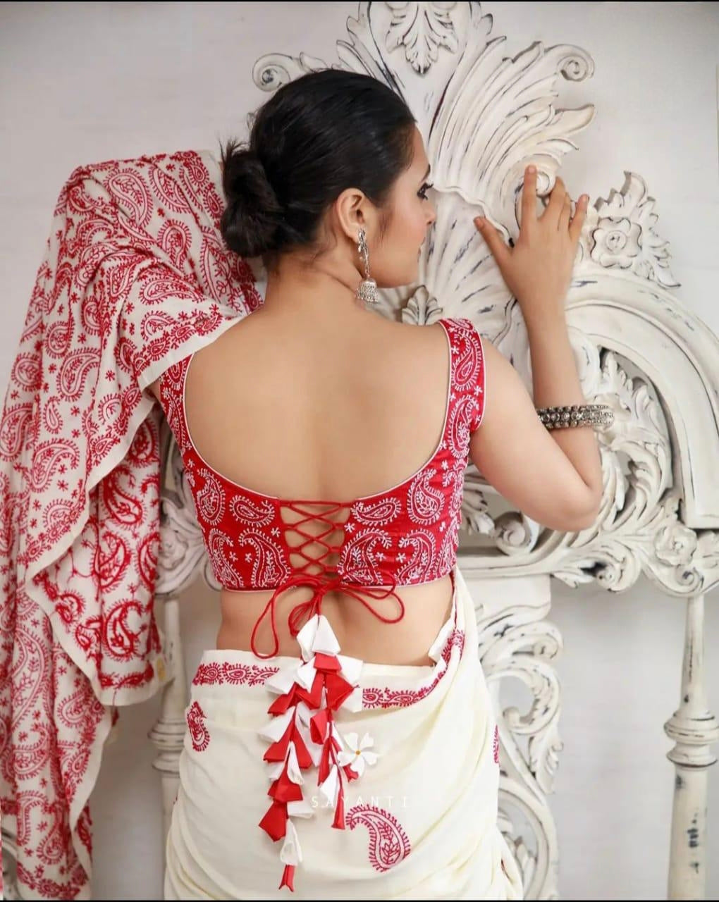 White & Red Mulmul Cotton Saree - Beautiful Paisley (Kalka) Work Embroidery for Casual & Festive Wear