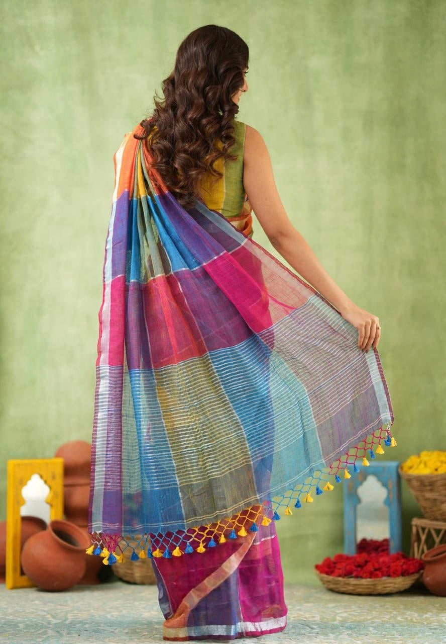 Multi-Color Checkered Handloom Linen Saree with Silver Zari Border